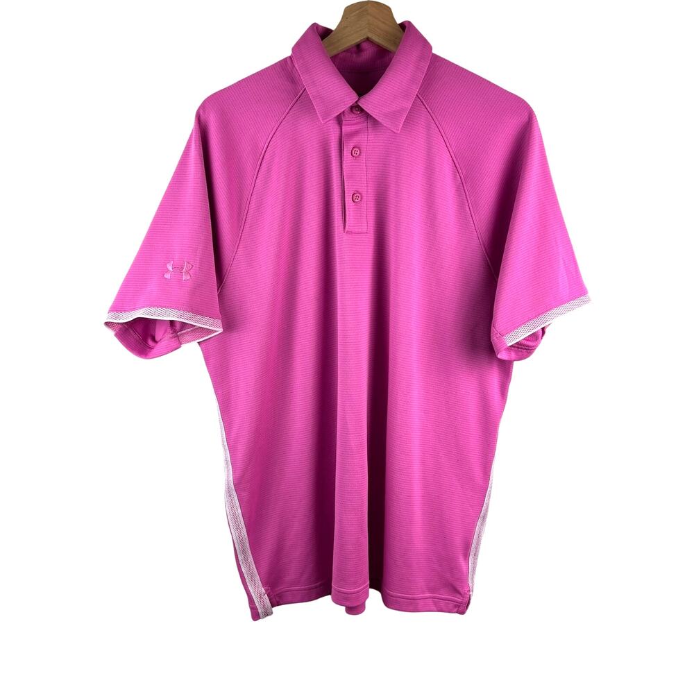 ATHLEISURE Under Armour Golf Polo‎ – Hot Pink Loose Fit White Trim – Men’s L